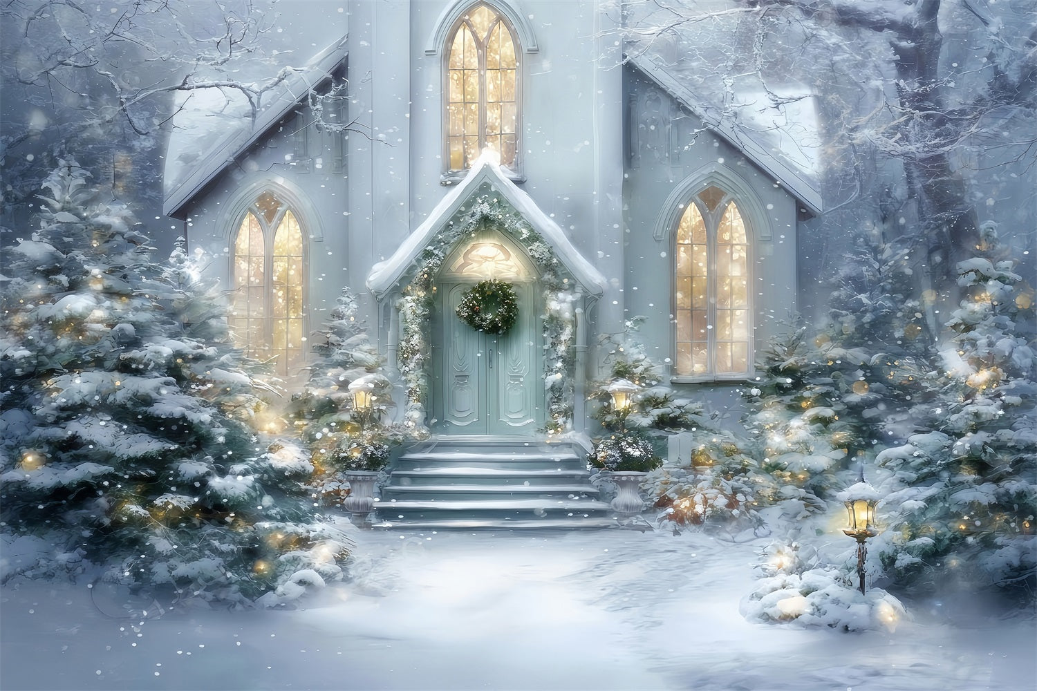 Church Backdrop Snowy Church Entrance Glow Christmas Backdrop Photography TWW59-125