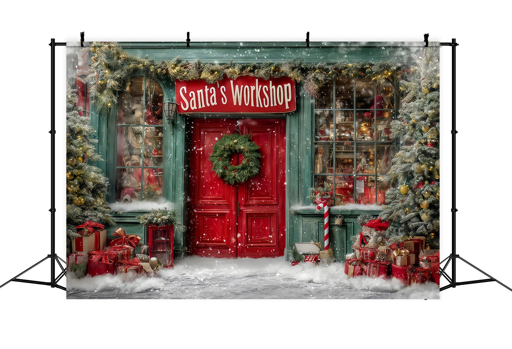 Santa’s Workshop Backdrop Santa Workshop Festive Front Christmas Backdrops TWW59-127