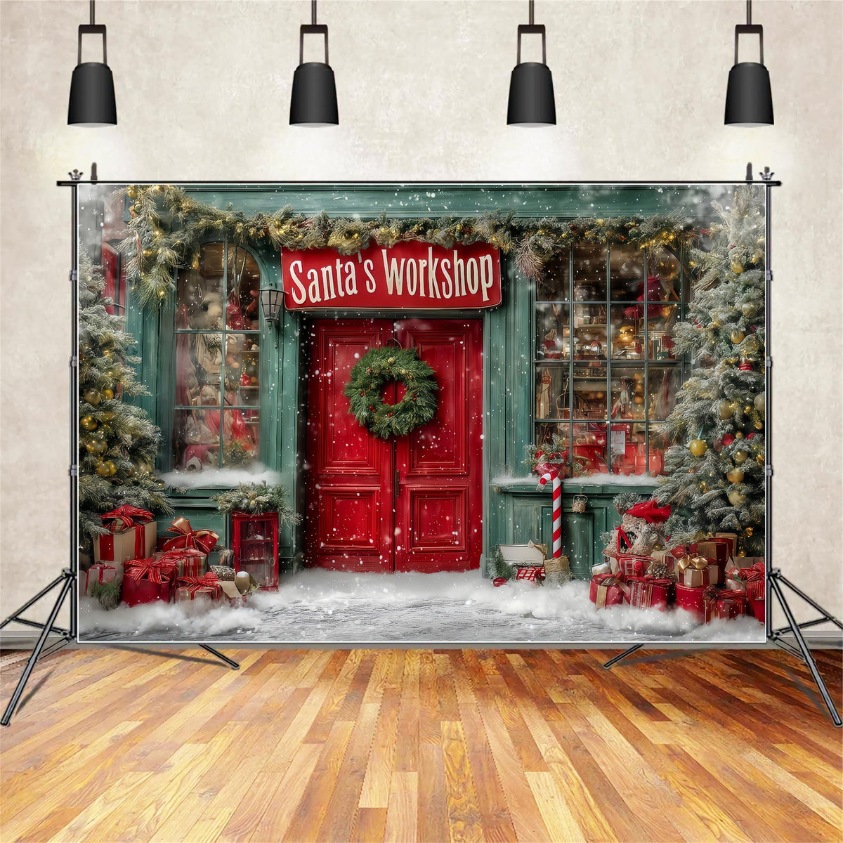 Santa's Workshop Backdrop Santa Workshop Festive Front Christmas Backd