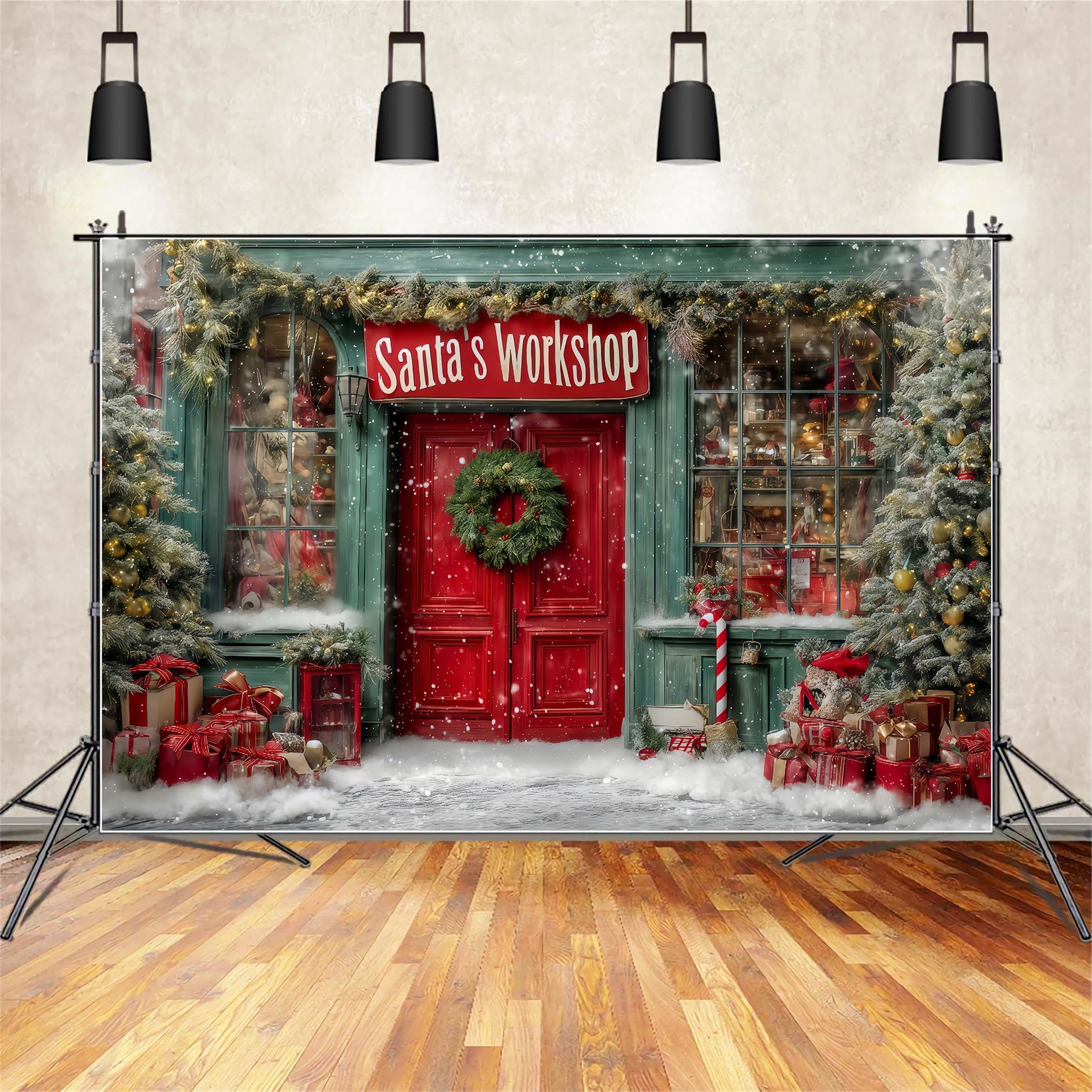 Santa’s Workshop Backdrop Santa Workshop Festive Front Christmas Backdrops TWW59-127
