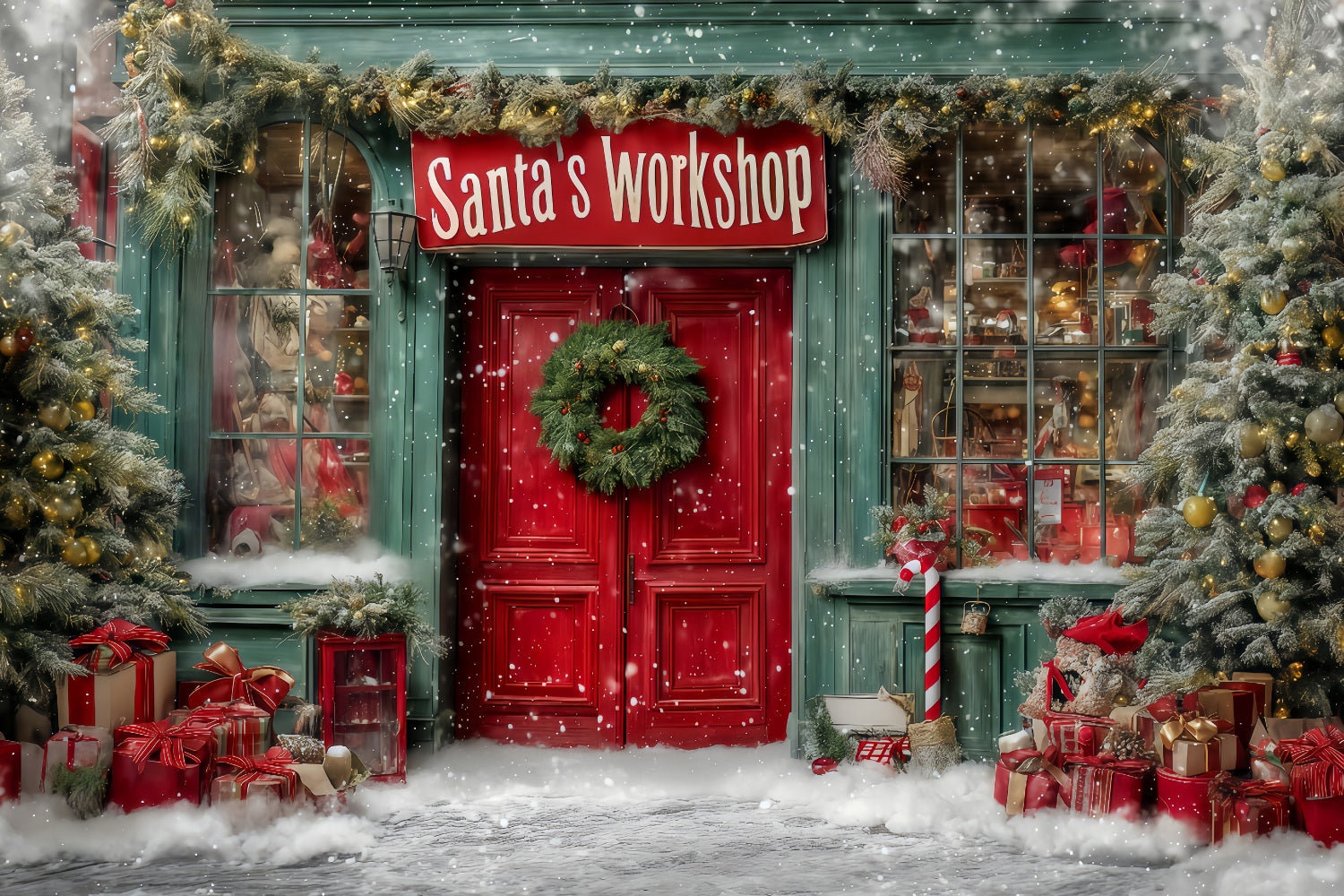 Santa’s Workshop Backdrop Santa Workshop Festive Front Christmas Backdrops TWW59-127