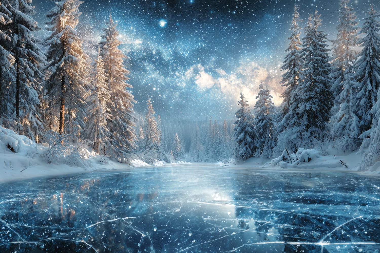 Winter Forest Backdrop Frozen Lake Starry Night Snowy Forest Backdrop TWW59-129