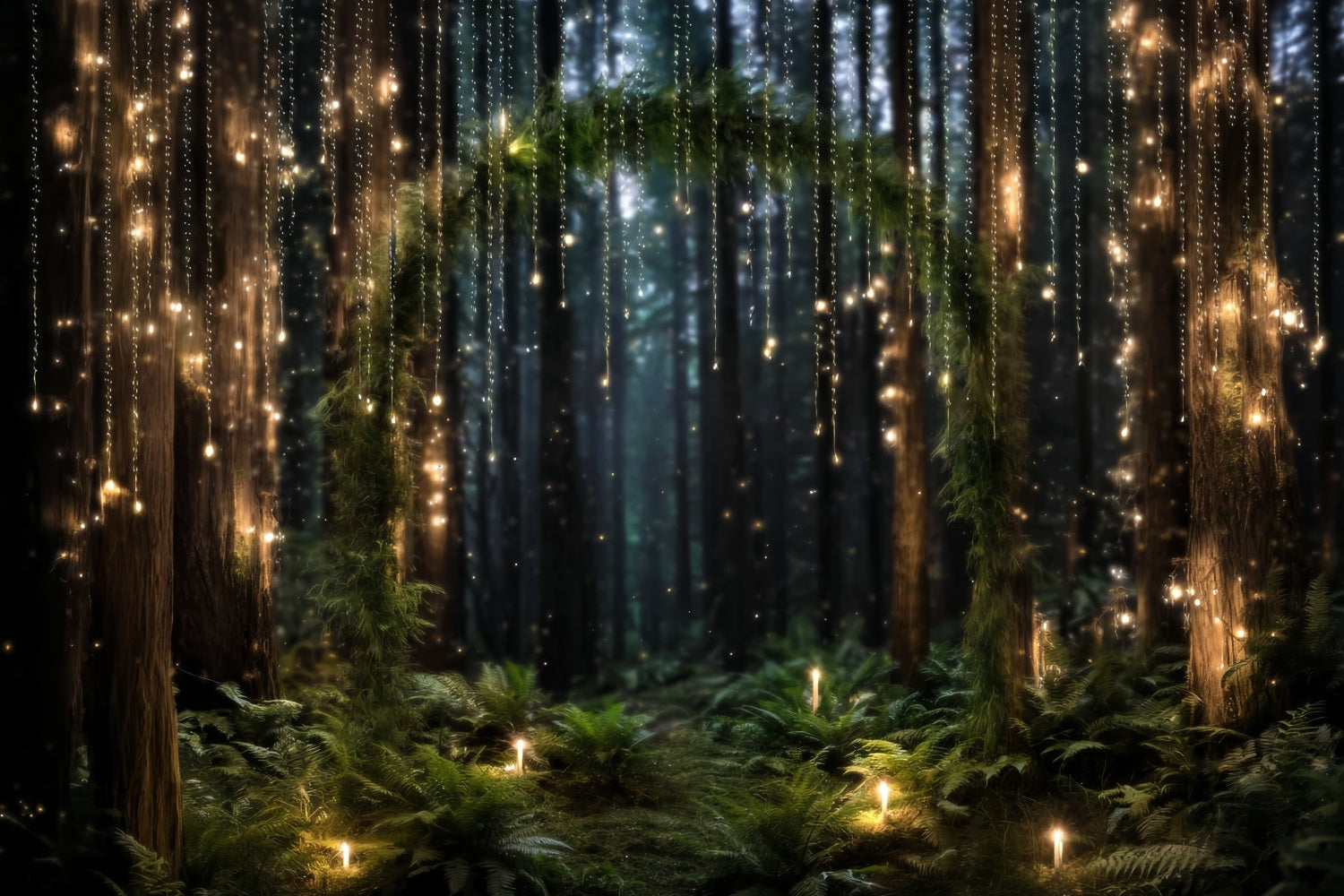 Night Forest Backdrop Glowing Fairy Light Arch Forest Photography Backdrop TWW59-131