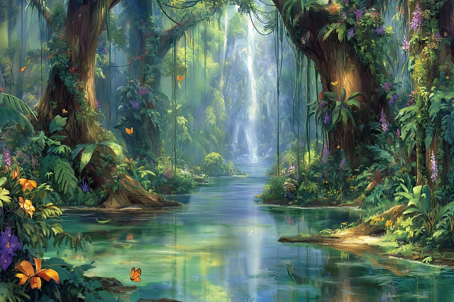 Rainforest Backdrop Enchanted Waterfall Jungle Paradise Fantasy Forest Backdrop TWW59-137