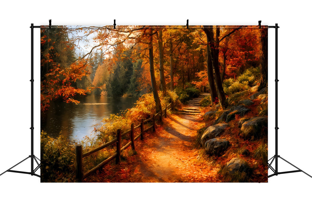 Fall Forest Backdrop Scenic Riverside Autumn Path Forest Photo Backdrop TWW59-139