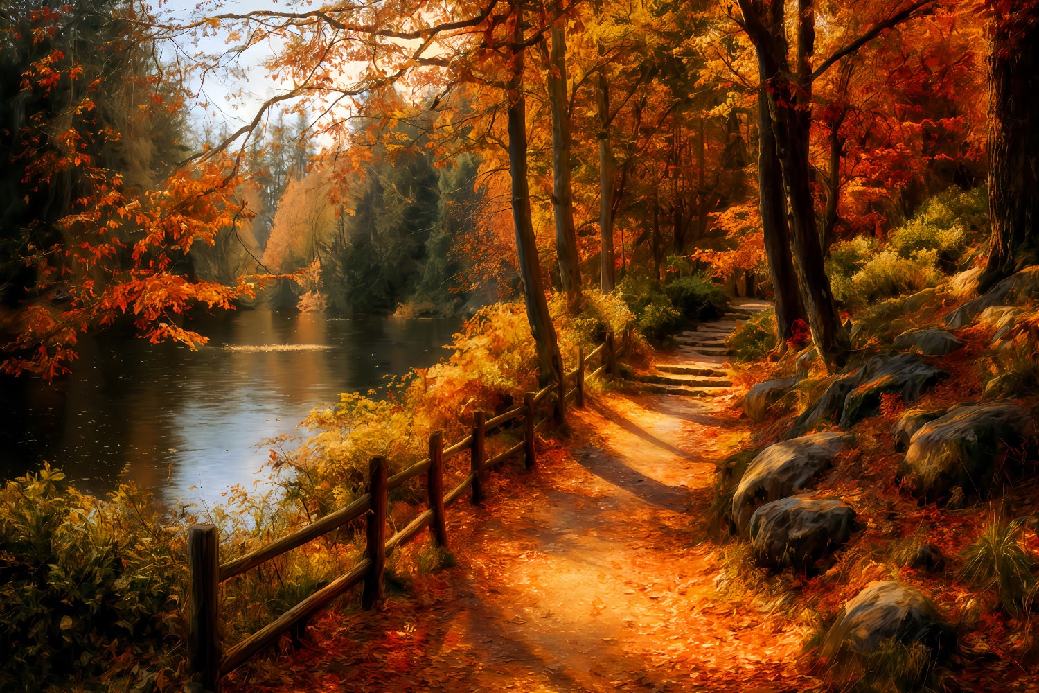 Fall Forest Backdrop Scenic Riverside Autumn Path Forest Photo Backdrop TWW59-139