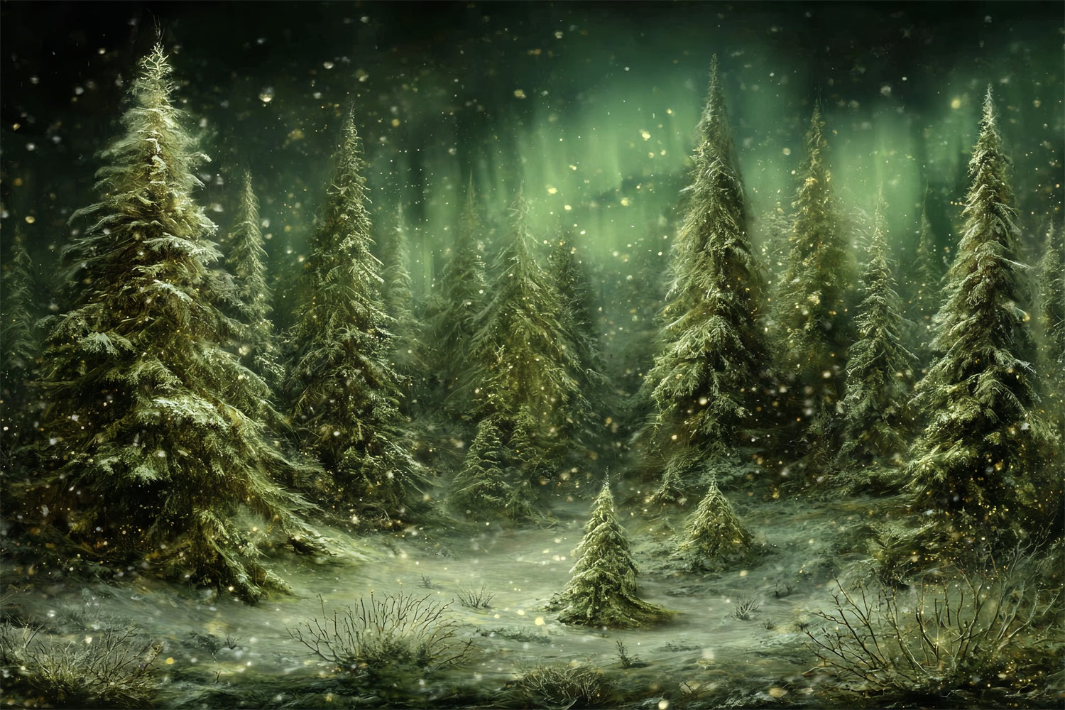 Pine Forest Backdrop Snowy Trees Northern Lights Snowy Forest Backdrop TWW59-143