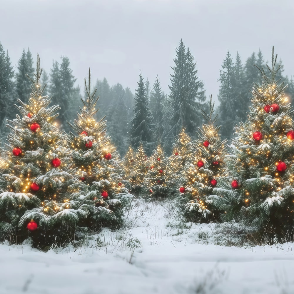 Christmas Forest Backdrop Snowy Trees Golden Ornaments Pine Forest Backdrop TWW59-147