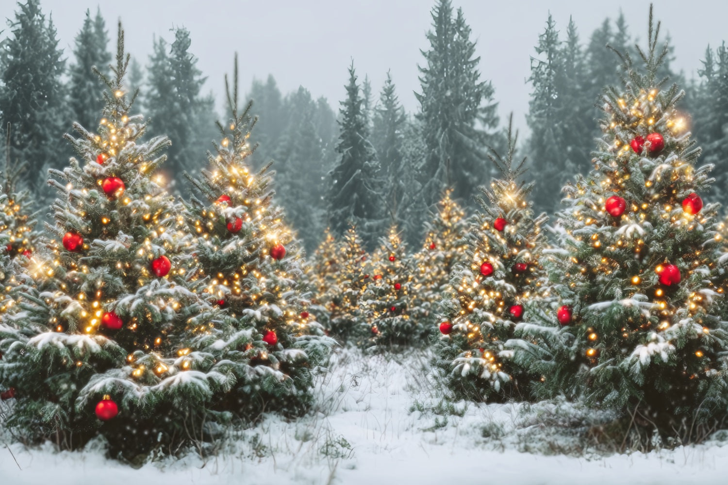 Christmas Forest Backdrop Snowy Trees Golden Ornaments Pine Forest Backdrop TWW59-147