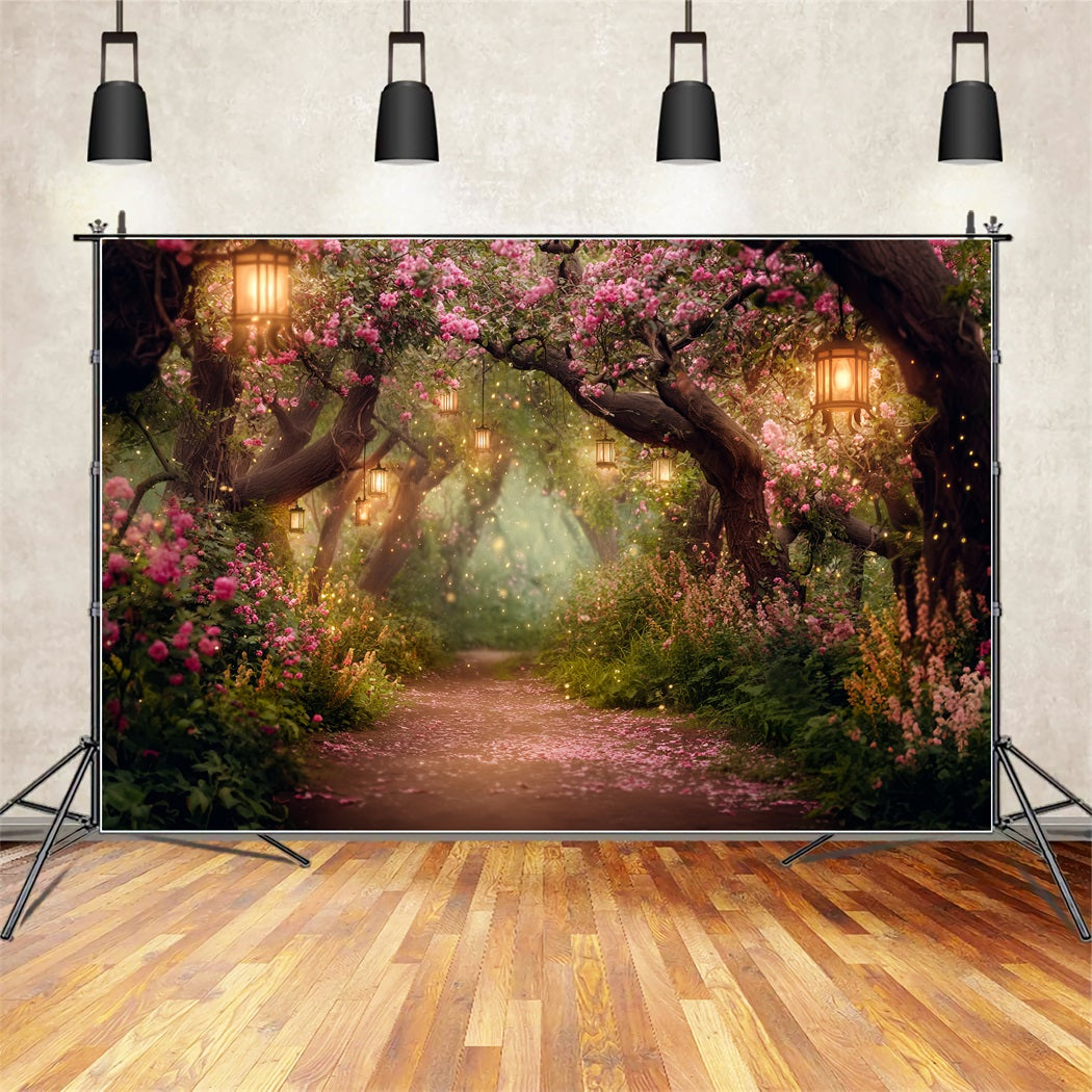 Night Forest Backdrop Blooming Lantern Flower Path Forest Photo Backdrop TWW59-155