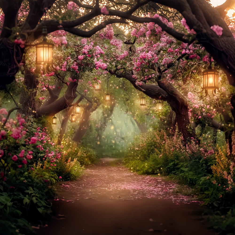Night Forest Backdrop Blooming Lantern Flower Path Forest Photo Backdrop TWW59-155