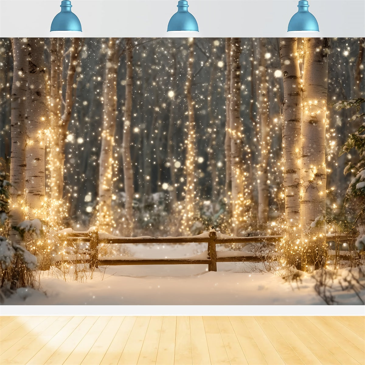 Night Forest Backdrop Snowy Birch Sparkling Lights Winter Forest Backdrop TWW59-157