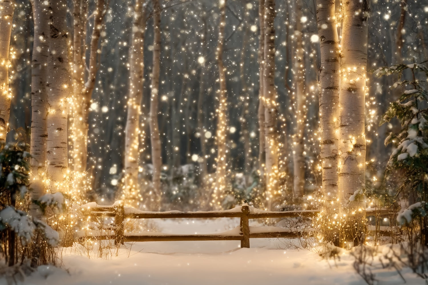 Night Forest Backdrop Snowy Birch Sparkling Lights Winter Forest Backdrop TWW59-157