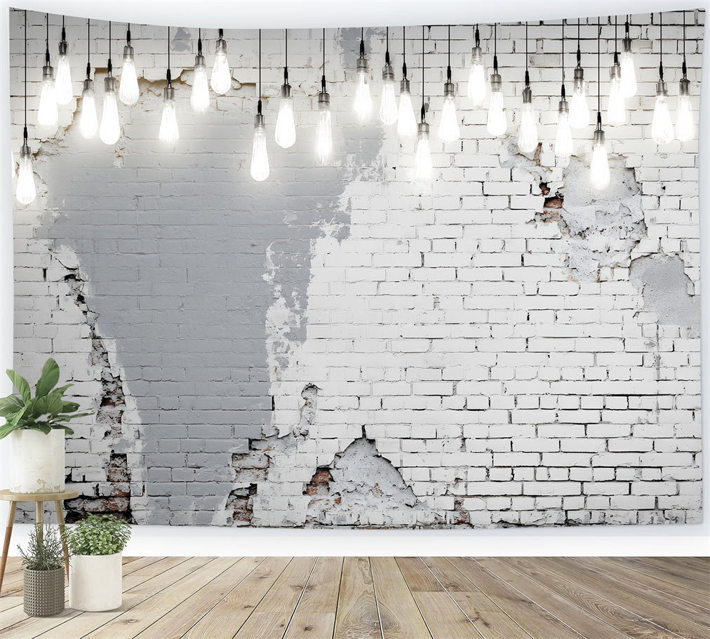 White Brick Wall Backdrop Hanging Bulbs Distressed White Wall Brick Backdrop TWW59-162