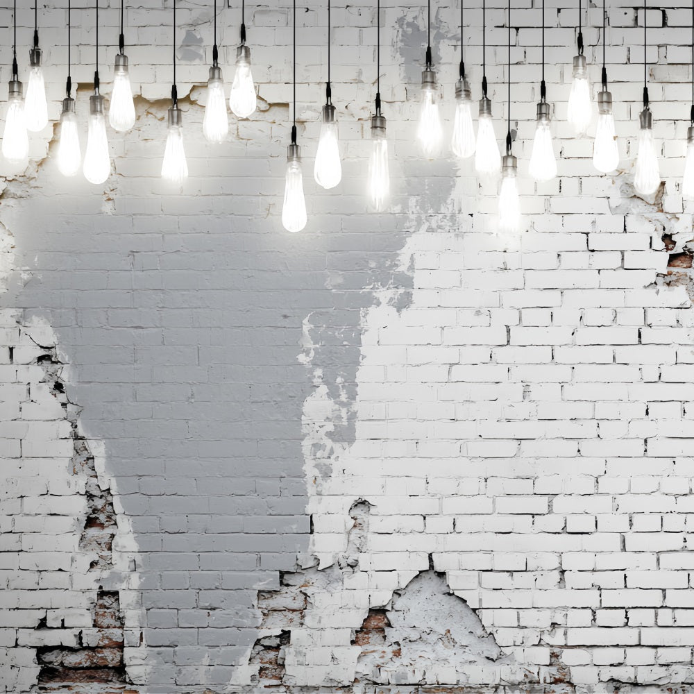 White Brick Wall Backdrop Hanging Bulbs Distressed White Wall Brick Backdrop TWW59-162