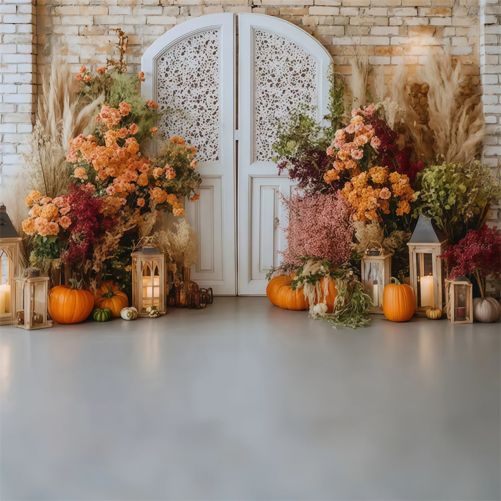 Brick Photo Backdrop Floral Pumpkins Vintage Doorway Brick Wall Backdrop TWW59-163