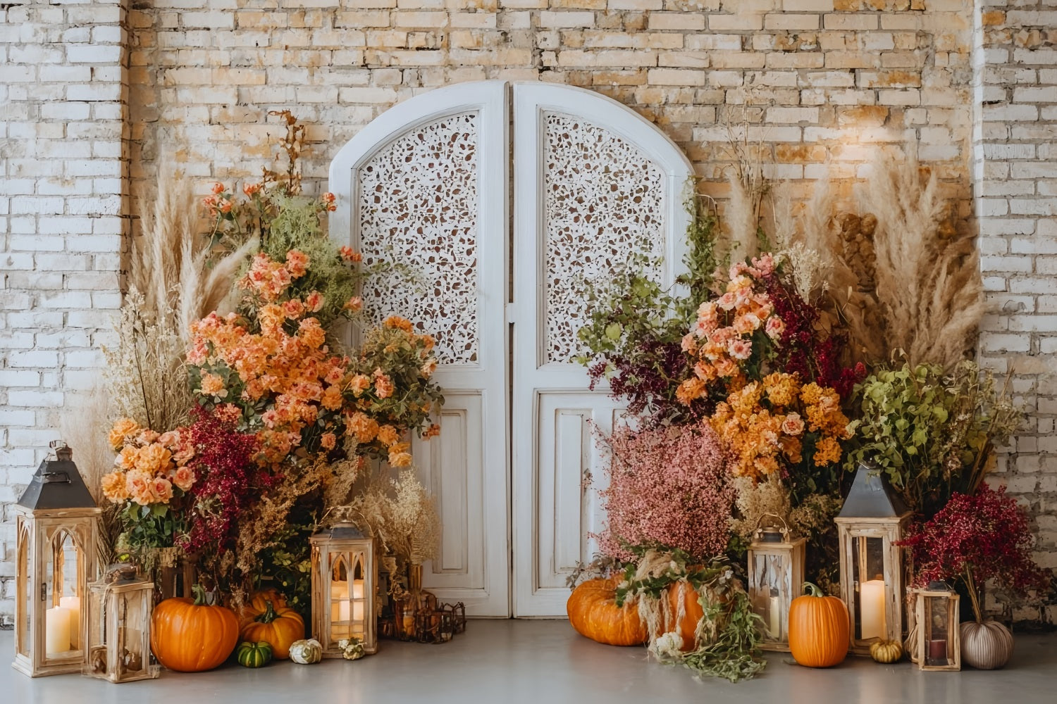 Brick Photo Backdrop Floral Pumpkins Vintage Doorway Brick Wall Backdrop TWW59-163