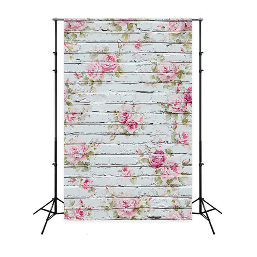 Brick Backdrops Whitewashed Floral Painted Roses Brick Wall Photo Backdrop TWW59-173