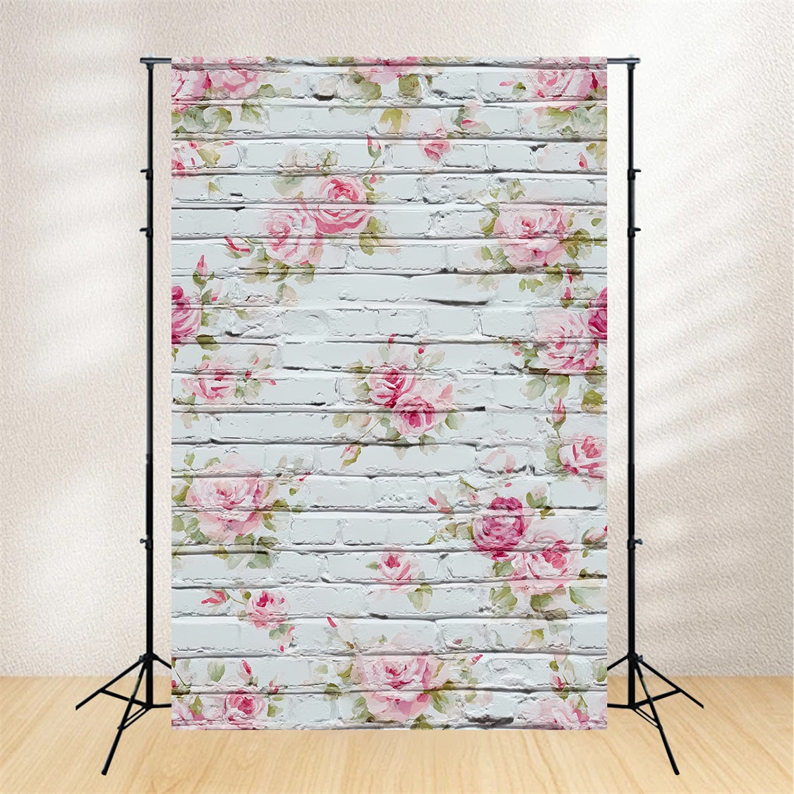 Brick Backdrops Whitewashed Floral Painted Roses Brick Wall Photo Backdrop TWW59-173