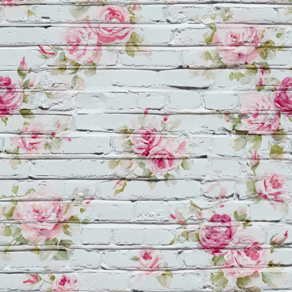 Brick Backdrops Whitewashed Floral Painted Roses Brick Wall Photo Backdrop TWW59-173