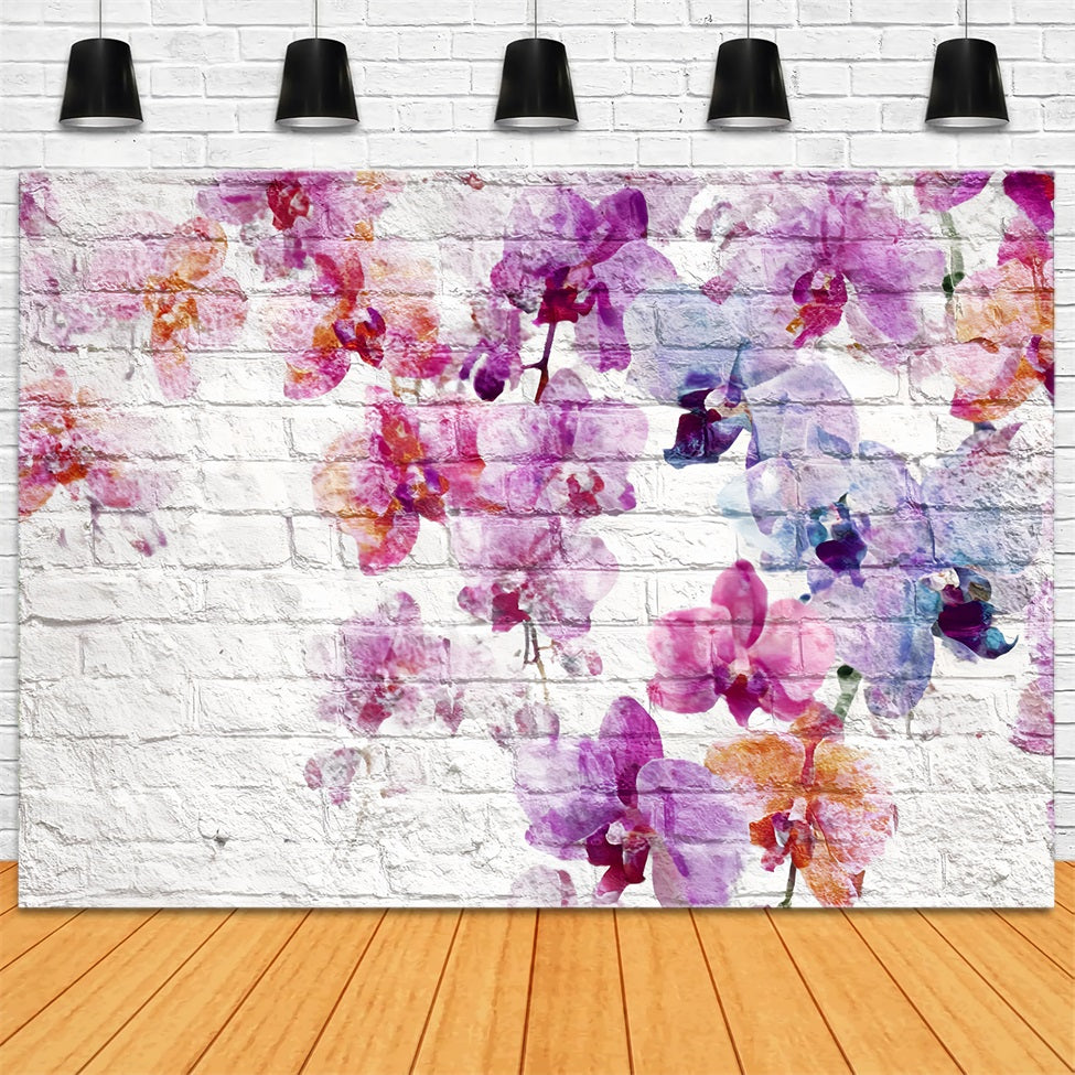 Brick Backdrops White Wall Watercolor Orchid Pattern Brick Wall Backdrop TWW59-182