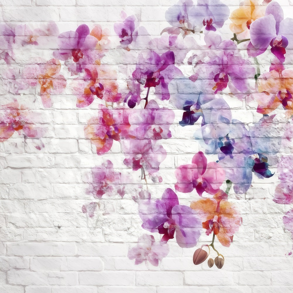 Brick Backdrops White Wall Watercolor Orchid Pattern Brick Wall Backdrop TWW59-182