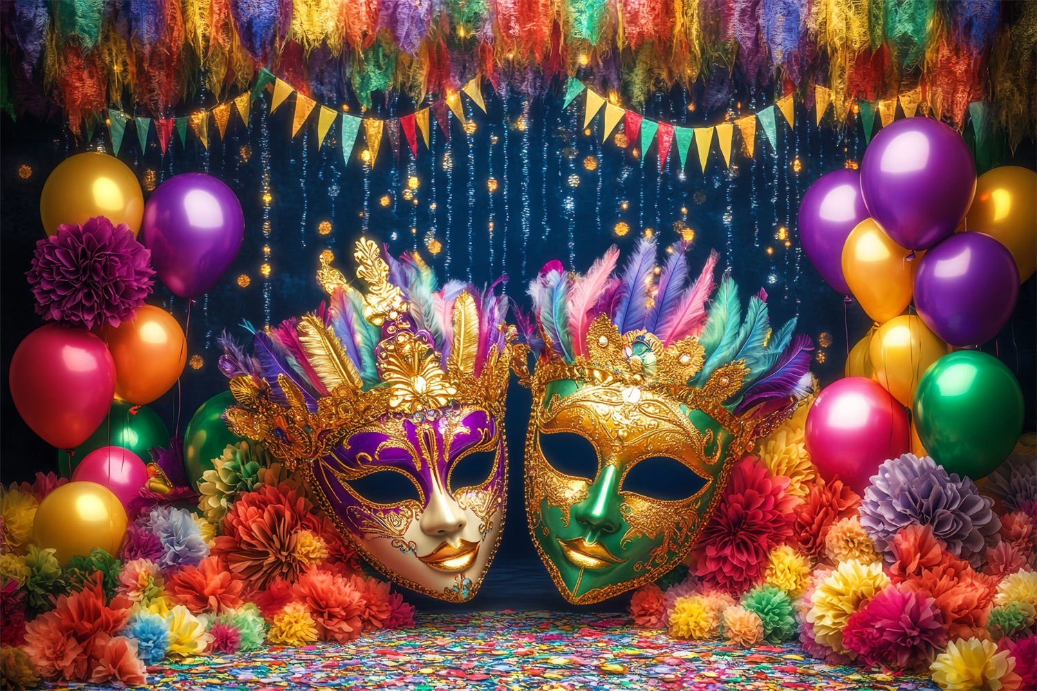 Mask Carnival Backdrop Colorful Balloons Feathered Masquerade Carnival Backdrop TWW59-19