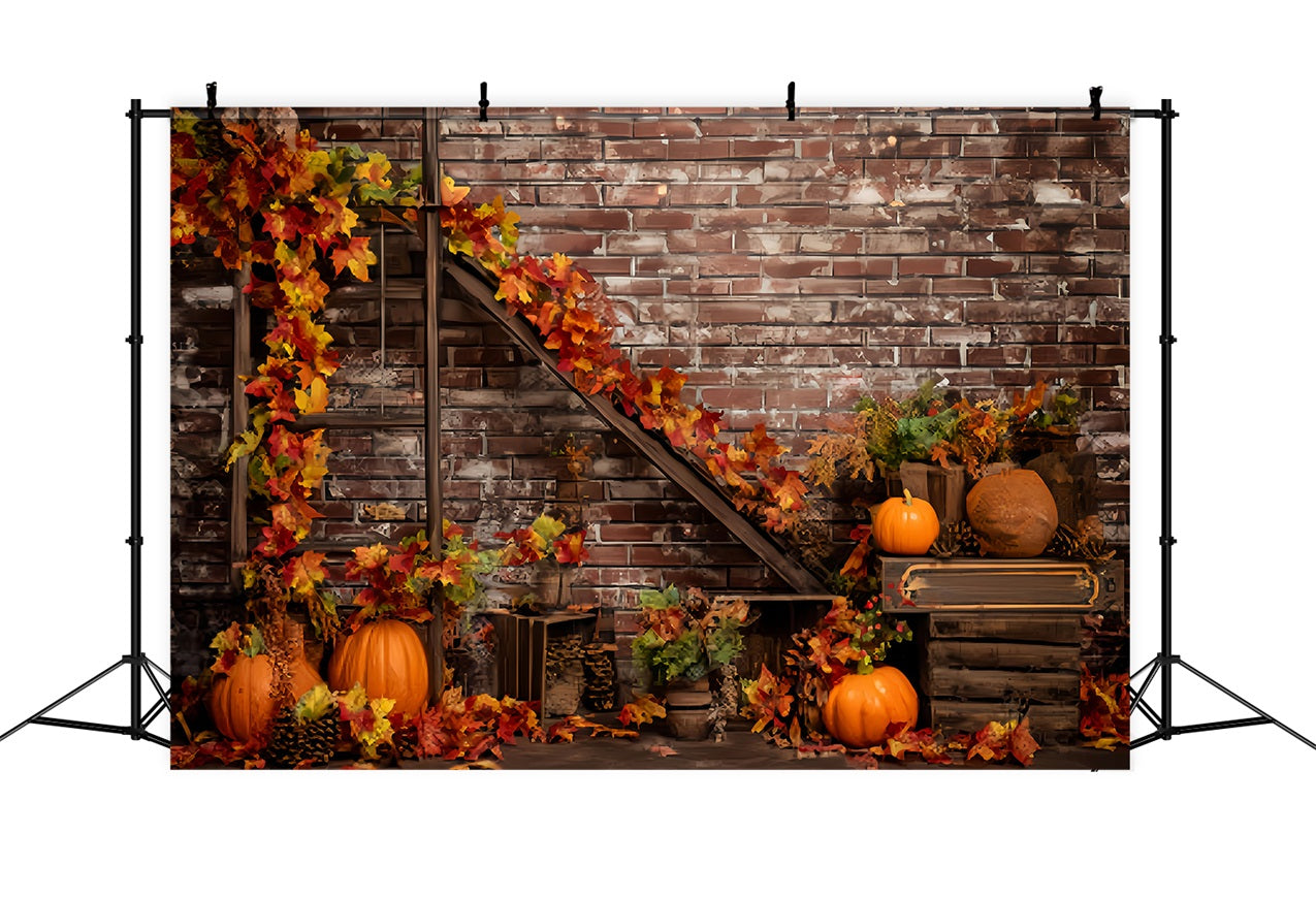 Brick Wall Backdrops Autumn Pumpkins Maple Leaves Brick Backdrop TWW59-195
