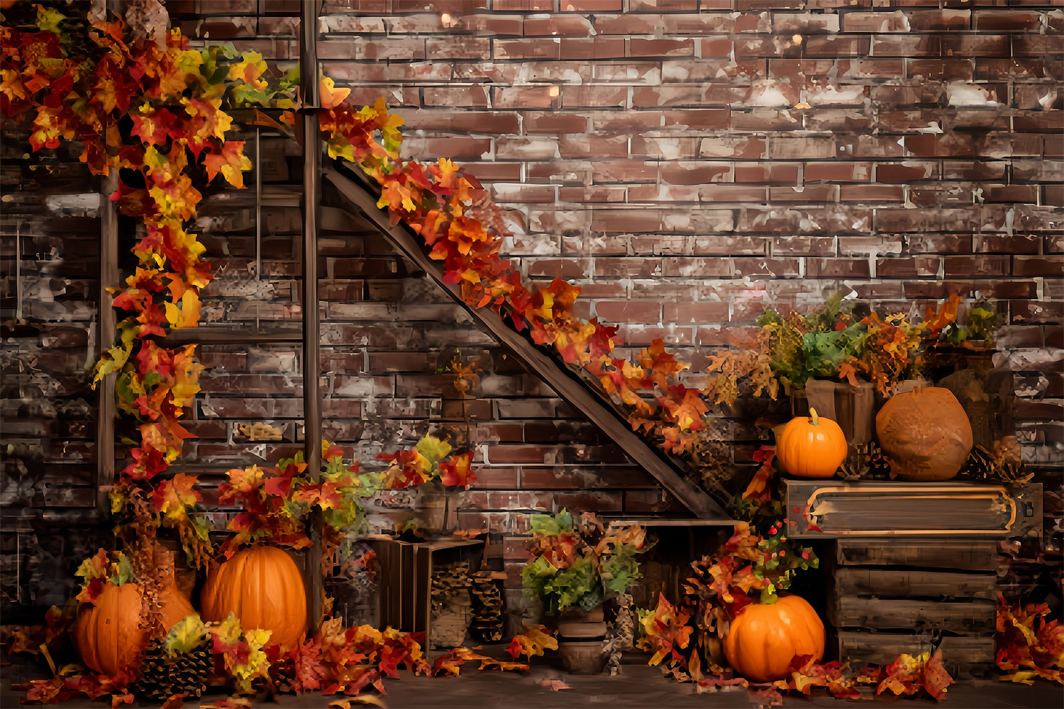 Brick Wall Backdrops Autumn Pumpkins Maple Leaves Brick Backdrop TWW59-195