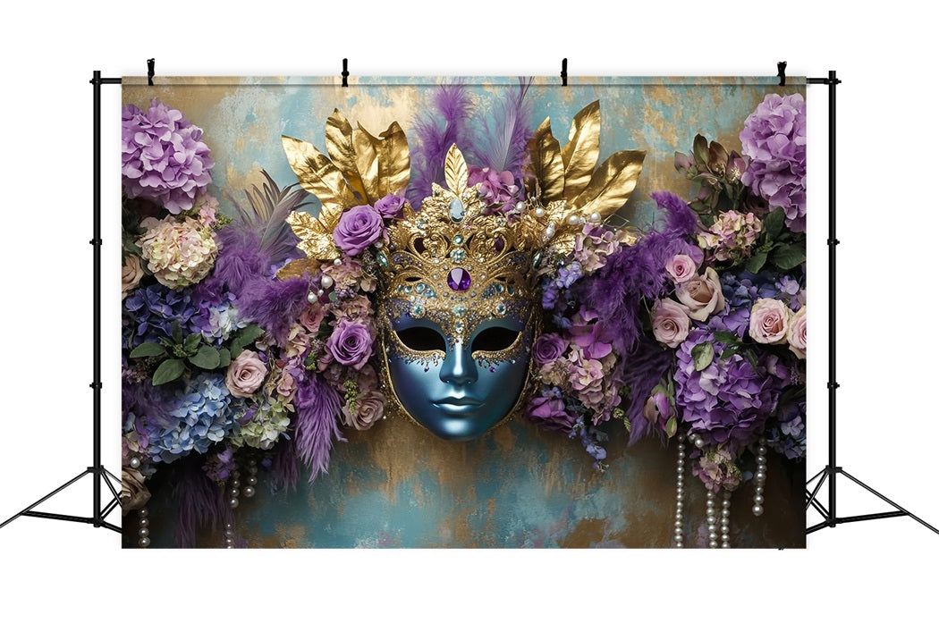 Mask Carnival Backdrop Blue Mask Purple Floral Elegance Carnival Backdrops TWW59-22