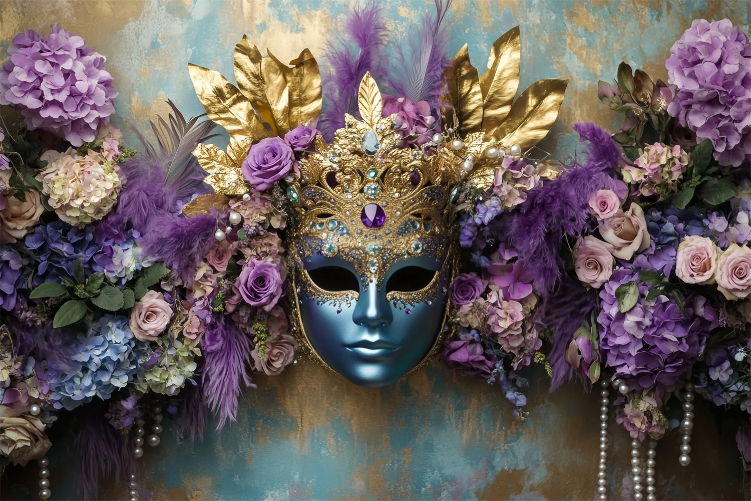 Mask Carnival Backdrop Blue Mask Purple Floral Elegance Carnival Backdrops TWW59-22
