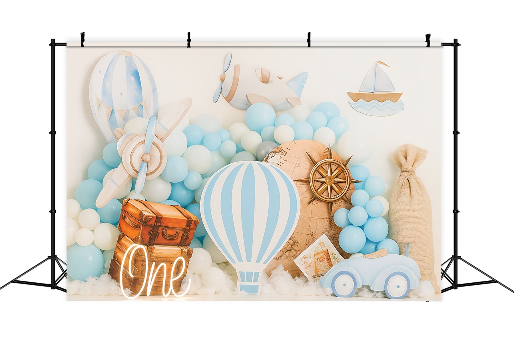 Cake Smash Backdrop Blue Travel Adventure Theme Birthday Backdrops TWW59-220