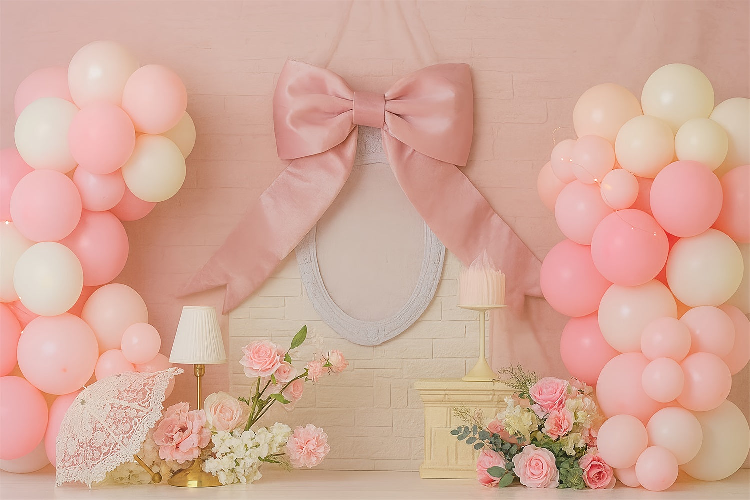 Smash Cake Backdrop Pink Ribbon Balloon Elegance Cake Smash Photography Backdrop TWW59-238