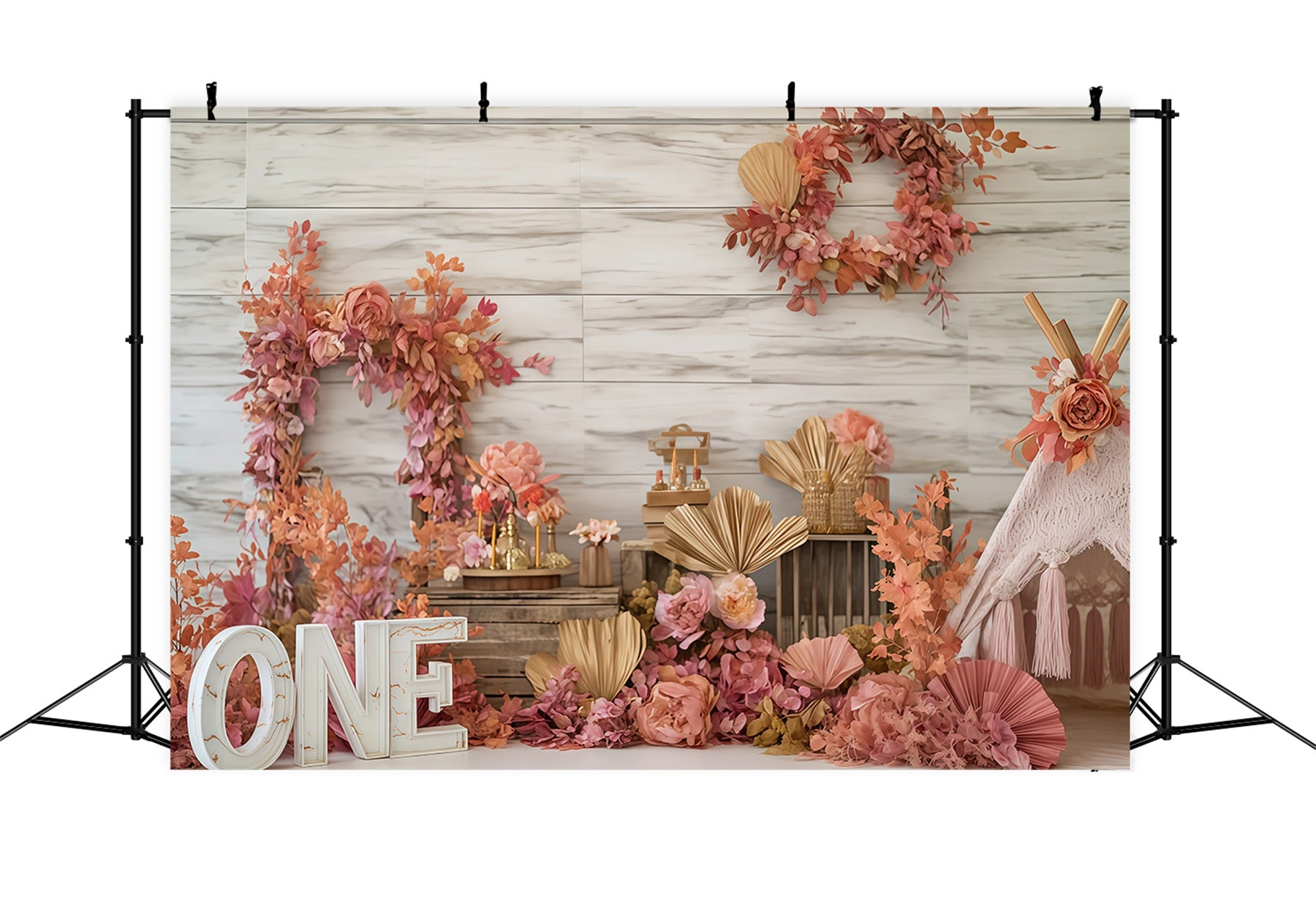 Cake Photography Backdrops Autumn Floral Rustic Charm 1st Birthday Backdrop TWW59-241