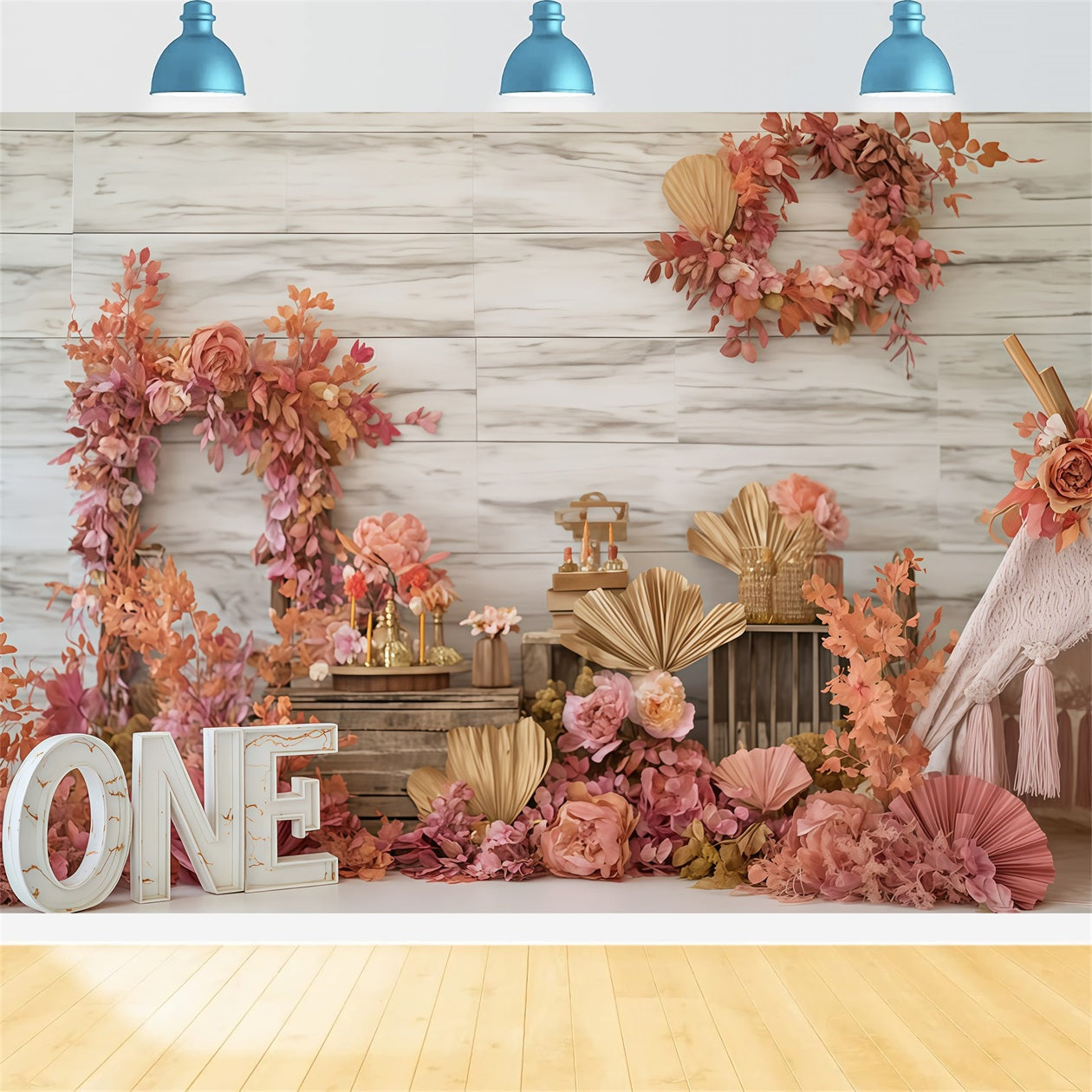 Cake Photography Backdrops Autumn Floral Rustic Charm 1st Birthday Backdrop TWW59-241