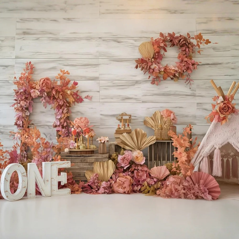 Cake Photography Backdrops Autumn Floral Rustic Charm 1st Birthday Backdrop TWW59-241
