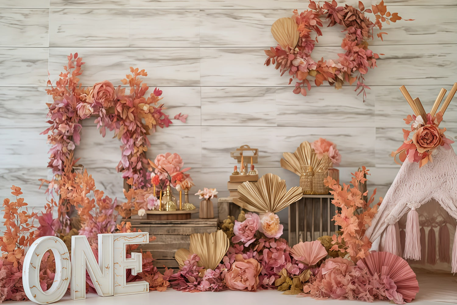 Cake Photography Backdrops Autumn Floral Rustic Charm 1st Birthday Backdrop TWW59-241
