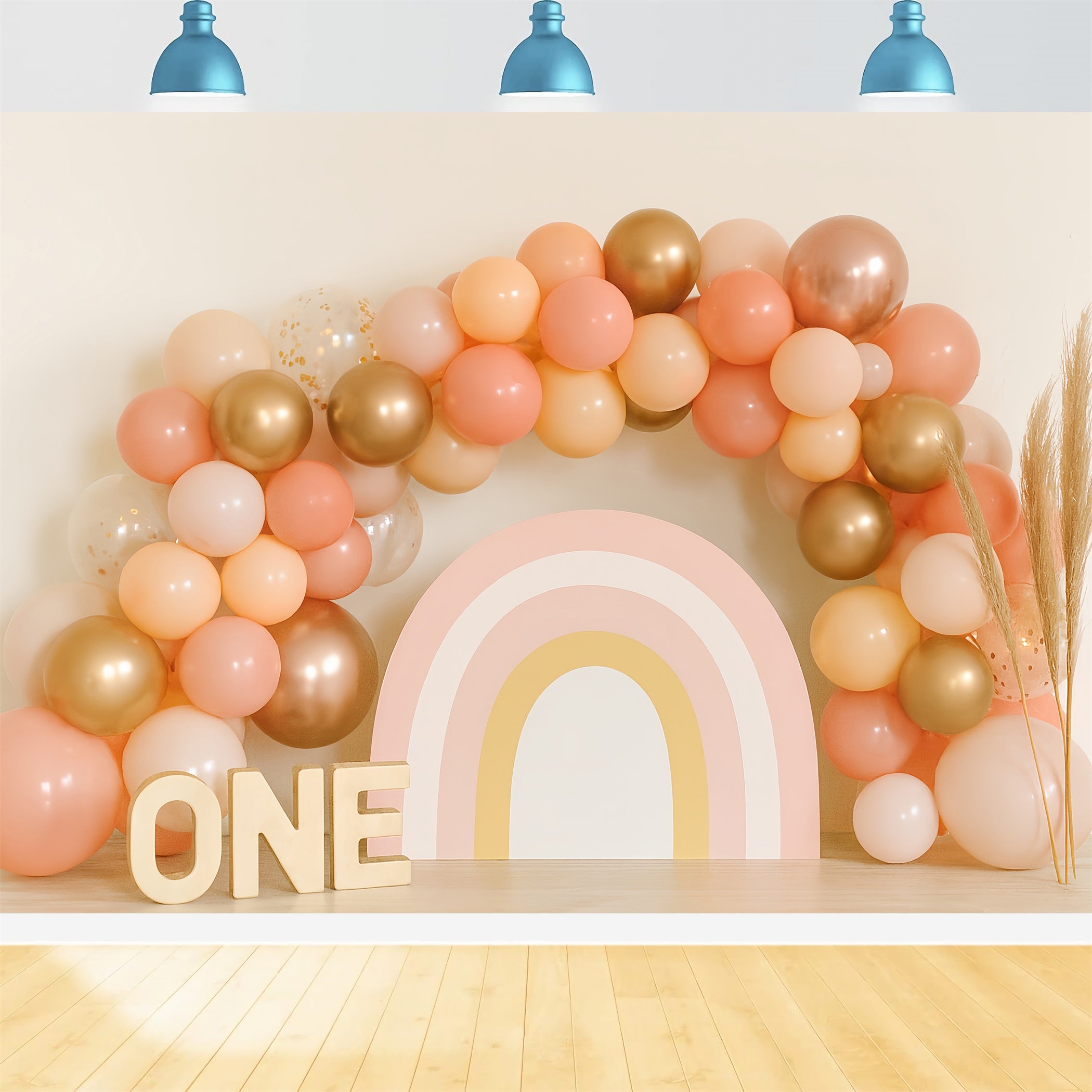 Cake Smash Backdrop Golden Peach Rainbow Arch 1st Birthday Backdrop TWW59-245