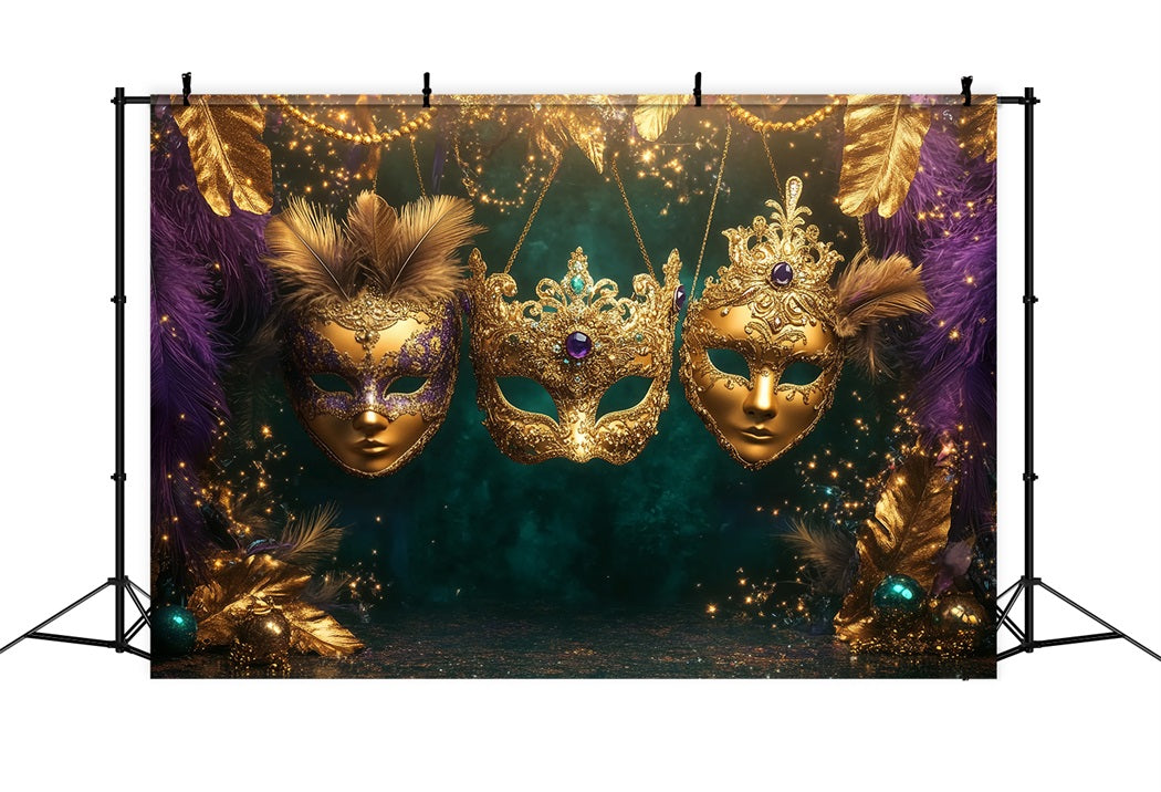 Mask Carnival Backdrop Golden Feathered Masquerade Trio Carnival Backdrop Ideas TWW59-25