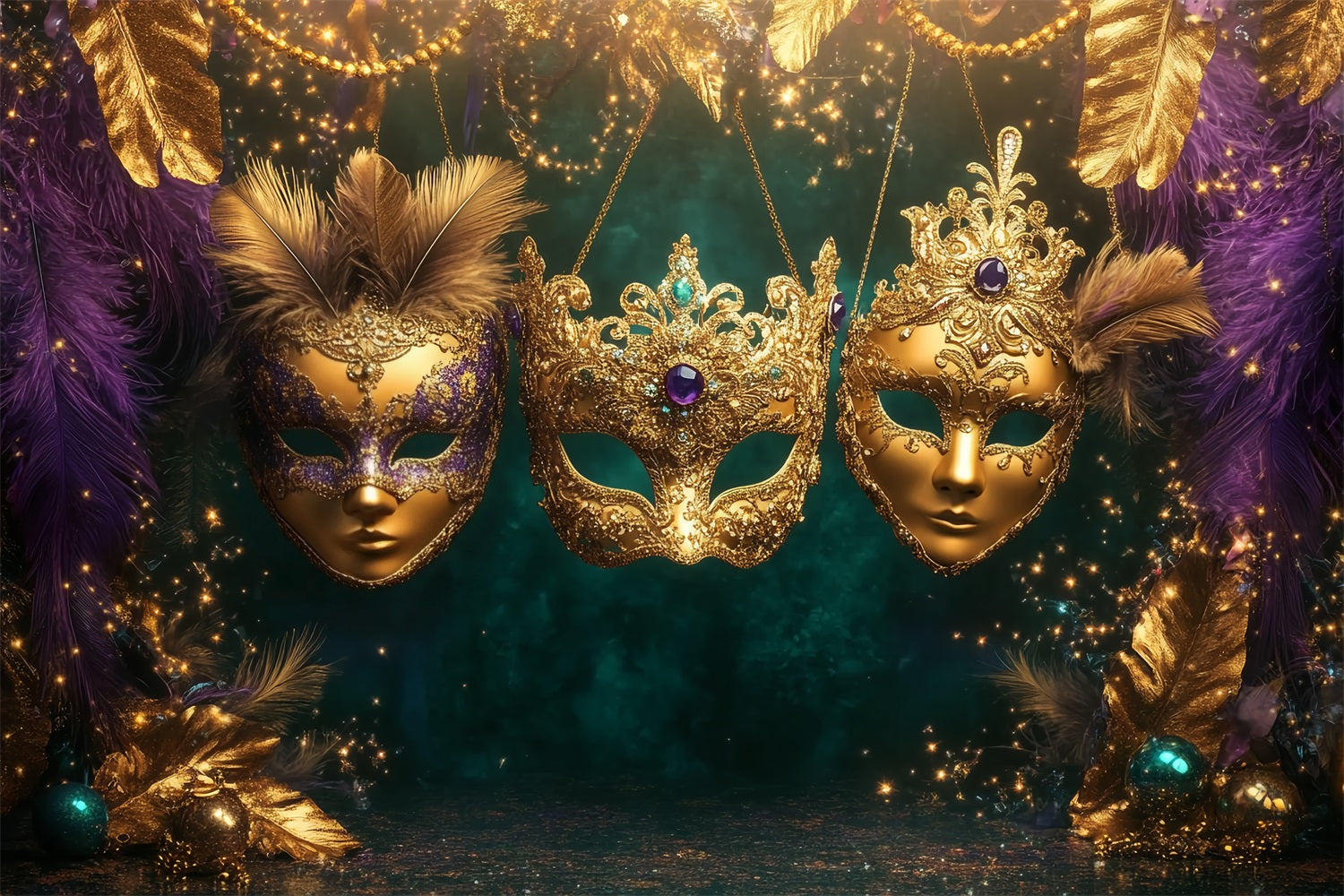 Mask Carnival Backdrop Golden Feathered Masquerade Trio Carnival Backdrop Ideas TWW59-25