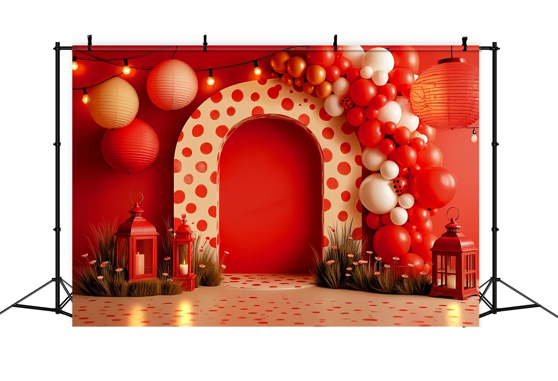 Smash Cake Backdrop Red Lantern Polka Celebration Cake Smash Photography Backdrop TWW59-251
