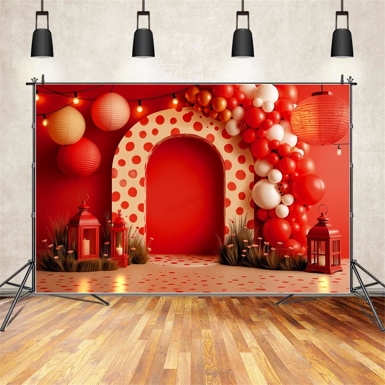 Smash Cake Backdrop Red Lantern Polka Celebration Cake Smash Photography Backdrop TWW59-251