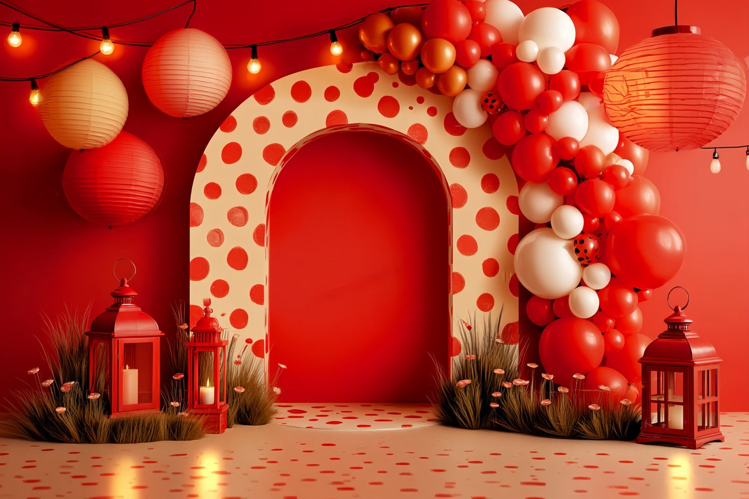 Smash Cake Backdrop Red Lantern Polka Celebration Cake Smash Photography Backdrop TWW59-251