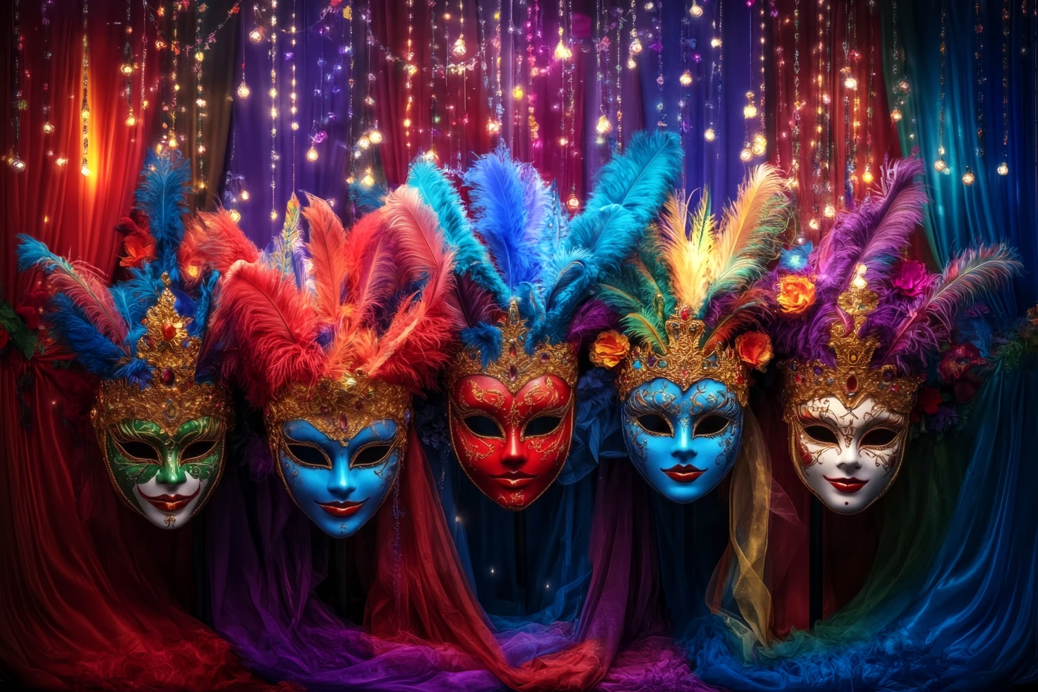 Mask Carnival Backdrop Colorful Feathered Masquerade Carnival Backdrop Ideas TWW59-27