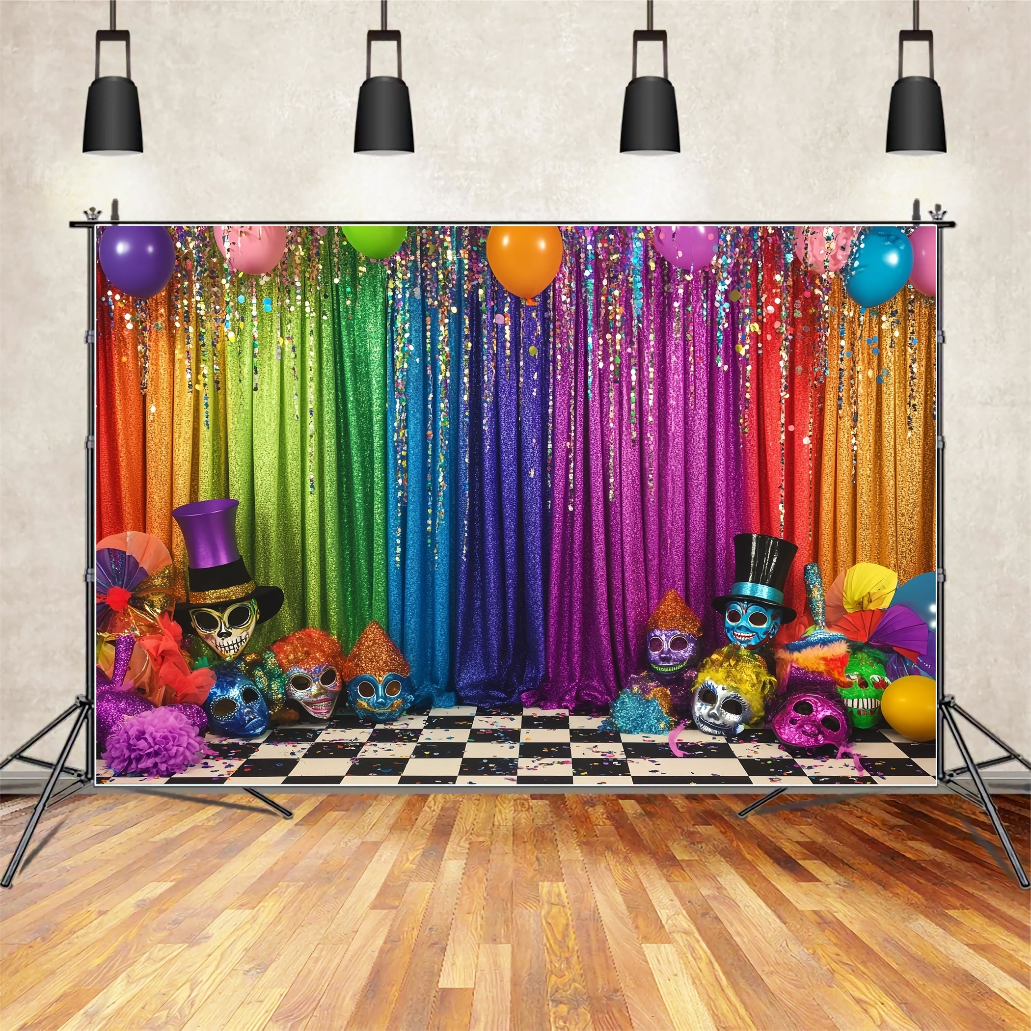 Mask Carnival Backdrop Rainbow Glitter Stage Mask Carnival Backdrop Ideas TWW59-3