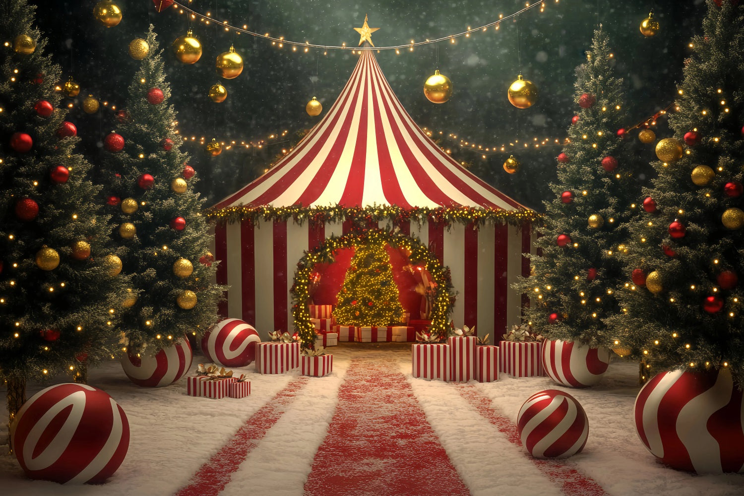 Christmas Circus Backdrop Christmas Tree Candy Circus Tent Carnival Backdrop TWW59-33