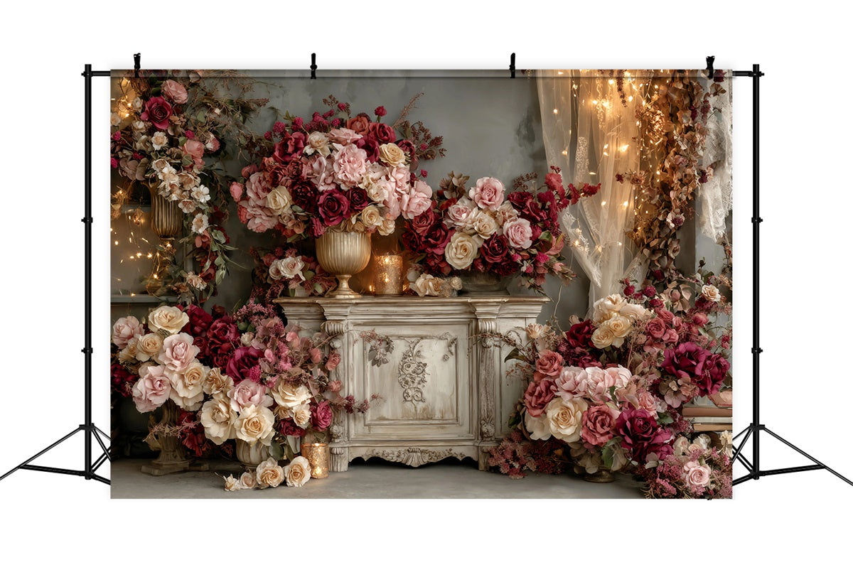 Wedding Vintage Backdrop Vintage Burgundy Rose Arrangement Wedding Backdrops TWW59-36