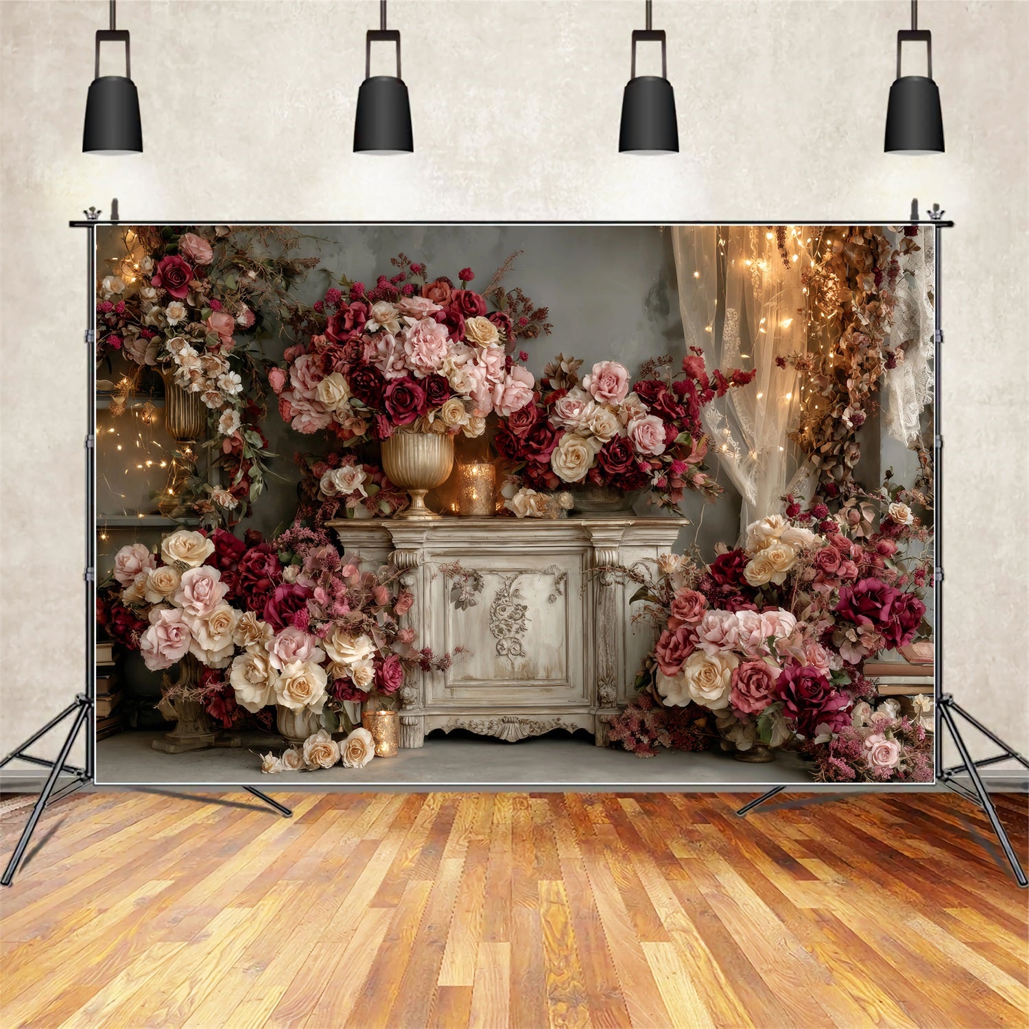 Wedding Vintage Backdrop Vintage Burgundy Rose Arrangement Wedding Backdrops TWW59-36