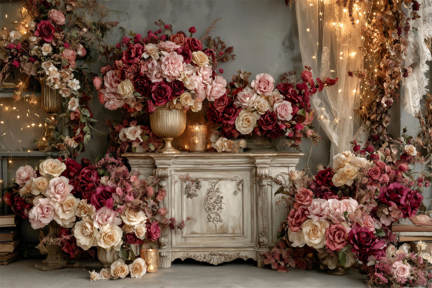 Wedding Vintage Backdrop Vintage Burgundy Rose Arrangement Wedding Backdrops TWW59-36