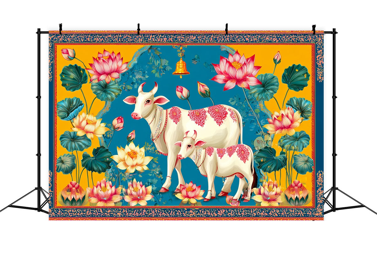 Wedding Indian Backdrop Lotus Cows Colorful Illustration Wedding Backdrops TWW59-40